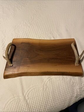 Rustic Walnut Serving Tray with Antler Handles - Brown
